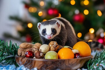 Ferret exploring a festive winter holiday snack tray filled with safe fruits and nuts, surrounded by Christmas decorations and a cozy atmosphere