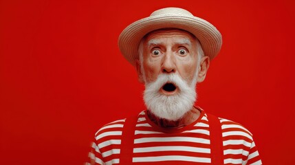 Elderly gentleman wearing a straw hat and striped shirt expresses profound astonishment against a vivid red background