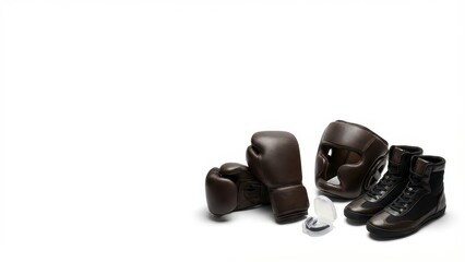 Boxing Gear Collection with Gloves and Headgear Set on a Minimalist White Background