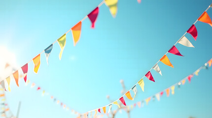 Obraz premium Festive Colorful Triangular Bunting Flags Hanging Against a Clear Bright Blue Summer Sky Background