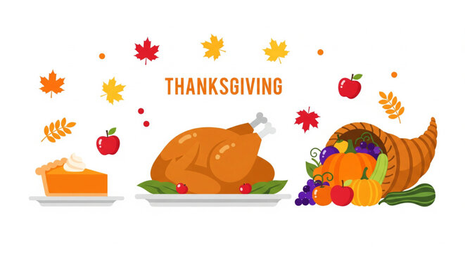 Vibrant Flat Illustration of a Traditional Thanksgiving Dinner Spread, Featuring a Golden Turkey, Sweet Pumpkin Pie Slice, and Bountiful Harvest Horn of Plenty