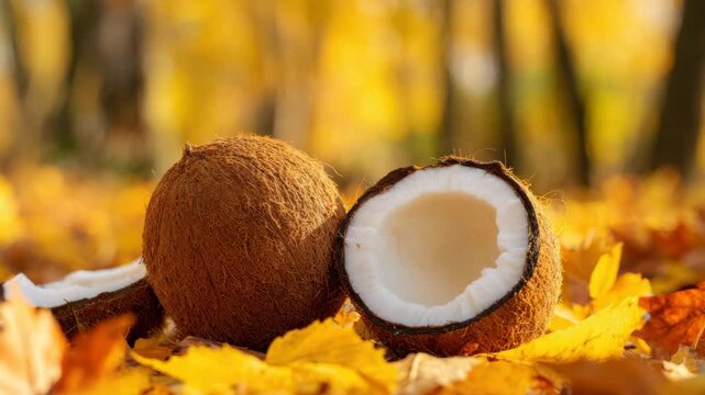 Ripe Coconuts on a Bed of Vibrant Autumn Leaves Against a Blurred Backdrop of Forest Trees in Soft Golden Hour Lighting Nature Still Life with Tropical Fruits
