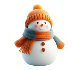 Cute Cartoon Snowman in Orange Hat and Scarf, Isolated on Transparent Background