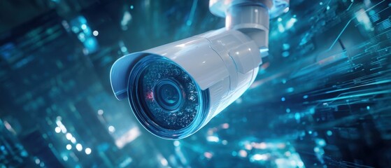 The Surveillance Camera Observing a Futuristic Digital Network and Cybersecurity Data Stream