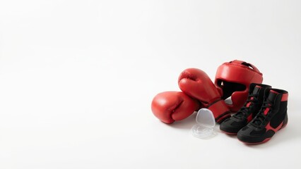 Red Boxing Gear Including Gloves, Headgear, Boots, and Mouthguard Isolated on White Background