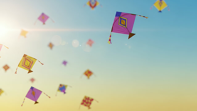 Makar Sankranti, sky blue yellow gradient, colorful kites floating with soft sunlight flare