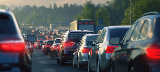 The cars in heavy evening traffic on a congested highway at sunset