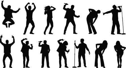 Singer silhouettes, stage performance poses, microphone action, music art, expressive movement, concert energy, black figures, entertainment design, vocal illustration