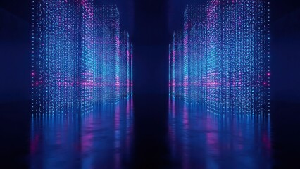 Abstract digital corridor of glowing blue and pink particles on a reflective floor
