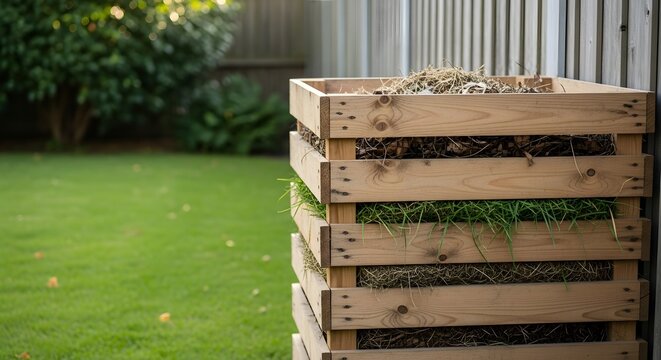 Wooden pallet compost bin for organic waste recycling, standing behind a fence in a sunny garden, representing an ecology concept - Powered by Adobe