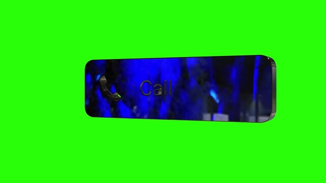 Blue Call button animation with phone icon on green screen. 3D glossy contact bar rotating for chroma key overlay, customer service, support, and communication concept.