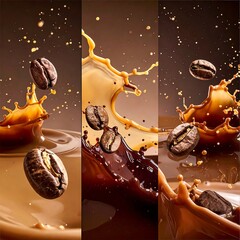 Composite image showing coffee beans suspended above splashing liquids in brown hues. Dynamic scene with movement captured