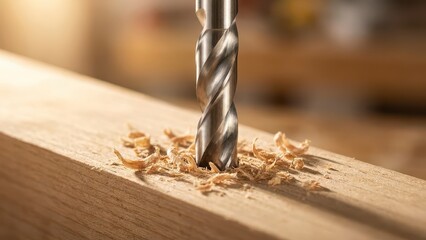 Close-Up of Metal Drill Bit Cutting Wood with Shavings in Warm Light