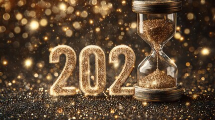 Happy New Year 2026 countdown clock on abstract glittering midnight sky with sparkling lights and bokeh copy space festive party invitation background for New Years Eve celebration