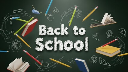 Back to School" text amid floating books, pencils, apple on chalkboard