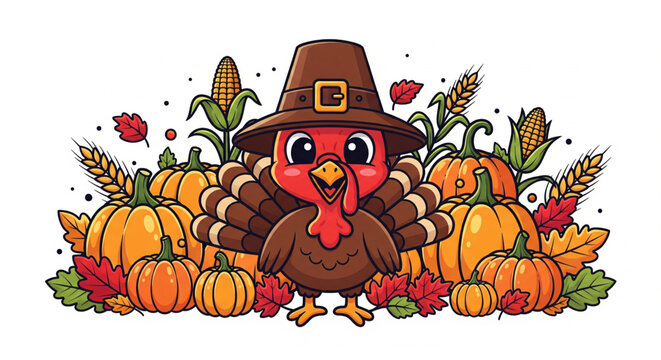Adorable Cartoon Thanksgiving Turkey Wearing a Pilgrim Hat, Surrounded by Vibrant Autumn Harvest Decor Including Pumpkins, Corn, and Colorful Fall Leaves