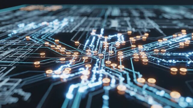 Circuit board close up with glowing blue and orange electronic pathways and golden connection points, showcasing advanced digital technology and intricate electronic design in futuristic style pathway