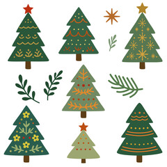 Whimsical Christmas trees in varied greens, adorned with stars, florals, and festive accents, perfect for holiday cards and seasonal decor.