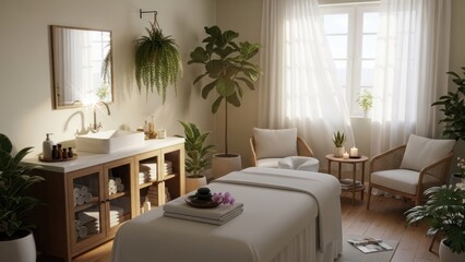 Fototapeta premium Calming spa room with massage table, sink area, window, and leafy plants
