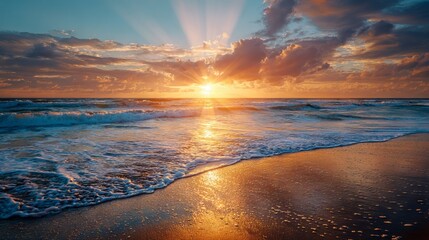 Happy New Year 2026 sunrise over ocean waves on tranquil beach shore with golden morning light festive coastal holiday celebration background