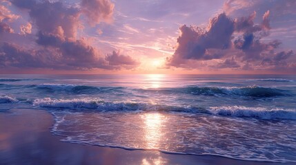 Naklejka premium Happy New Year 2026 sunrise over ocean waves on tranquil beach shore with golden morning light festive coastal holiday celebration background