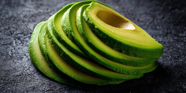 The avocado sliced into elegant layered fan on dark textured stone background - Powered by Adobe