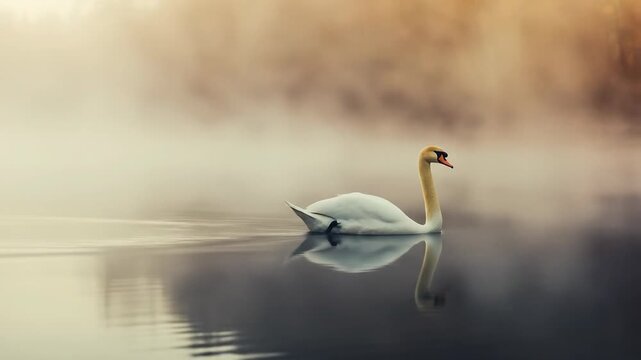 Elegant swan gliding across calm water with soft reflection and atmospheric mist