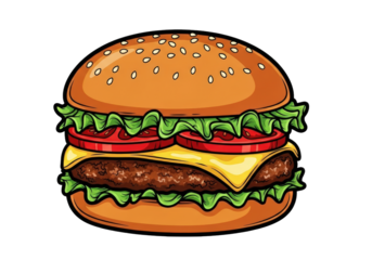 Cartoon cheeseburger with sesame seeds on bun and fresh ingredients