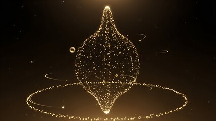 Abstract golden particle formation suspended in dark space with glowing ring