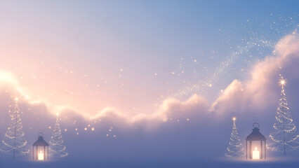 Enchanting winter landscape with glowing lanterns and softly falling snow