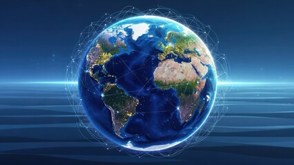 Earth globe with network lines over continents, against a blue gradient backdrop