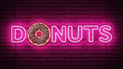 DONUTS" pink neon sign with a donut on a brick wall