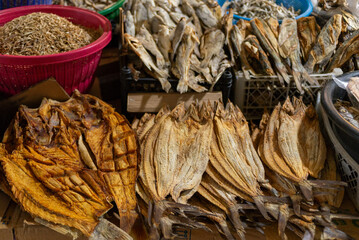 Close-up Detail of Various dried fish on display at the market