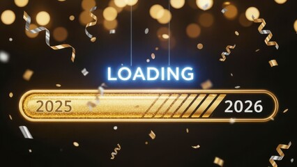 New year loading bar transitioning from 2025 to 2026 with confetti