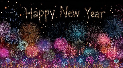 Happy New Year festive fireworks background with sparkling lights and bokeh elegant holiday celebration wallpaper with copy space for greeting card or web banner