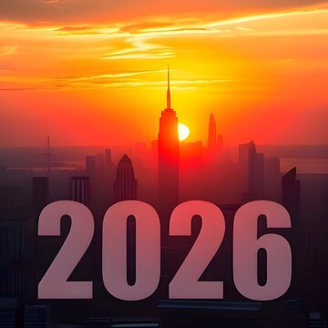 2026 numbers under the stunning New York view as the sunset노을지는 멋진 뉴욕경관 아래 2026 숫자