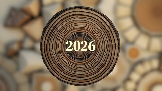 2026 numbers are written among the wooden cross-section rings나무 단면 나이테 가운데 2026 숫자가쓰여져잇다