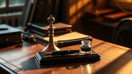 inkwell. Vintage office desk with fountain pen and inkwell, warm lighting creating a nostalgic atmosphere. lifestyle magazines.
