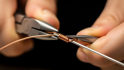 Close-up of hands meticulously using pliers to wrap thin copper wire around a silver rod, demonstrating detailed craftsmanship.
