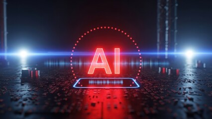 Glowing "AI" text over a circuit-like surface with bright highlights