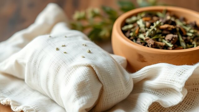 poultice. Herbal poultice wrapped in linen cloth beside a wooden bowl of dried herbs, natural remedy concept. menu design.