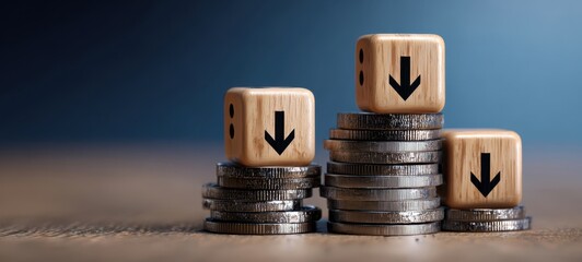 The coin stacks with wooden arrow blocks illustrating financial decline and economic downturn