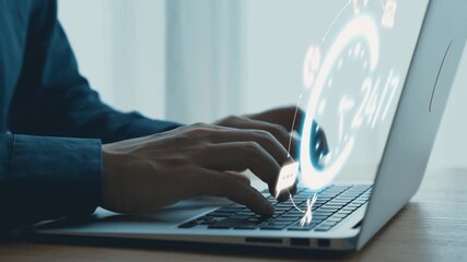 Close-Up of Hands Typing on Laptop with Digital Clock Overlay Representing Time Management and Productivity in a Modern Workspace Setting. Qubit. - Powered by Adobe