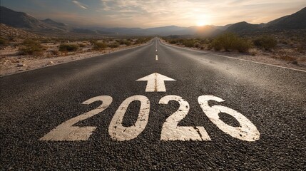 2026 New Year road trip on open highway through scenic nature landscape symbolizing future vision fresh start and happy holiday travel celebration background