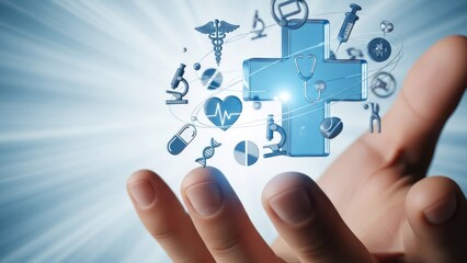 Hand holding holographic blue medical cross surrounded by icons