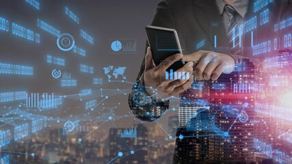 A businessman engages with a smartphone against a modern city skyline, integrated with data visualizations and financial graphs, symbolizing innovation and technology in today urban landscape. Xenic - Powered by Adobe