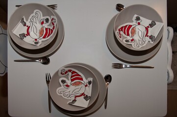 High angle view of children's table decorated for Christmas dinner