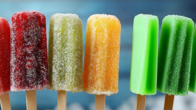 Colorful Assortment of Frozen Popsicles with Textured Surfaces on Wooden Sticks Against a Blurred Blue Background in a Row Perfect for Summer Treats and Refreshments