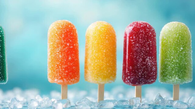 Assorted Fruit Ice Pops in Vibrant Colors Orange Yellow Red Green and Blue on Ice Cubes Against a Soft Blue Background for a Refreshing Summer Treat