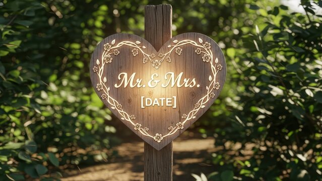 Heart-shaped wooden sign with inscription, floral border, and greenery background - Powered by Adobe